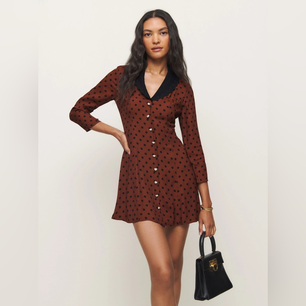 Reformation Brown Polka Dot Mini Dress with Black Collar